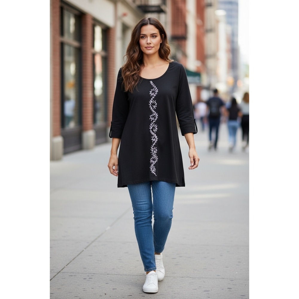 Country Store Tunic Top Women 2X Black Excellent Embroidered Cotton 3/4 Sleeve